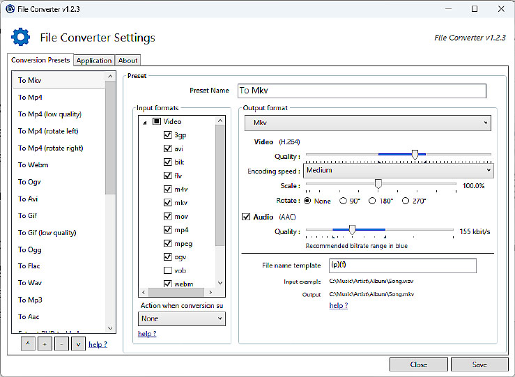 The free File Converter offers fast conversions of many file formats.  It excels with graphic and video formats, offering multiple quality levels.