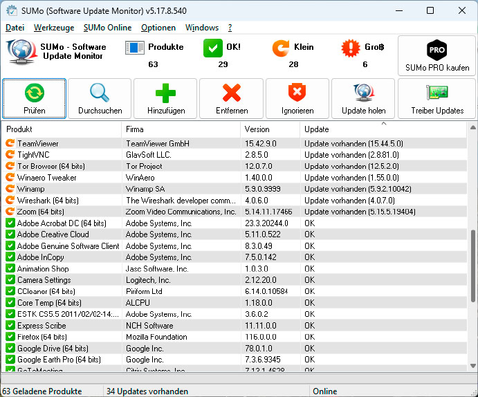 The update manager Sumo determines the version numbers of the installed programs and compares them with its database to detect outdated issues.