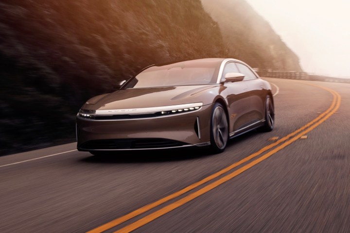 alt text: Close-up view of a Lucid Air showcasing its sleek design.