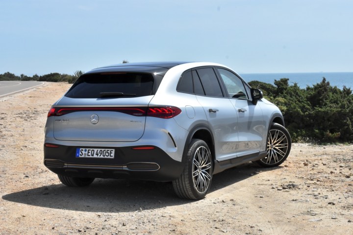 Rear three quarter view of the 2023 Mercedes-Benz EQE SUV.