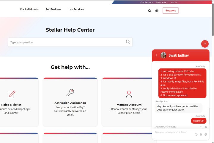 alt text: Stellar Data Recovery's customer support is highly responsive and available 24/7 during weekdays.