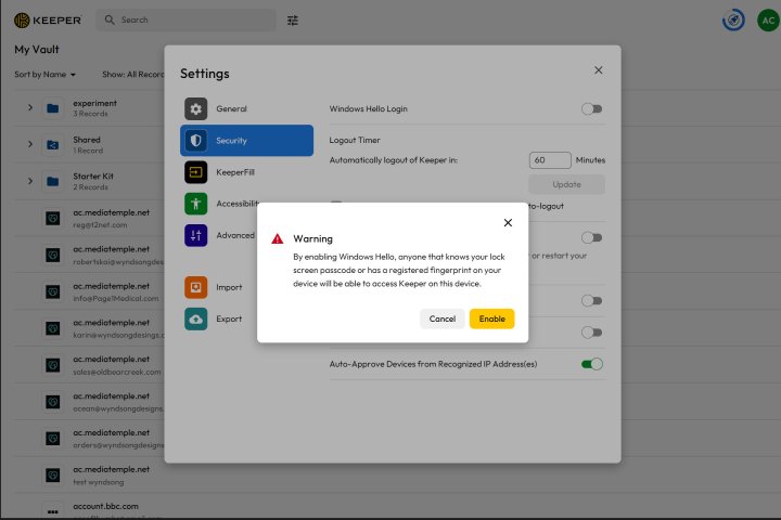 When I enabled Windows Hello, Keeper warned me of security concerns.