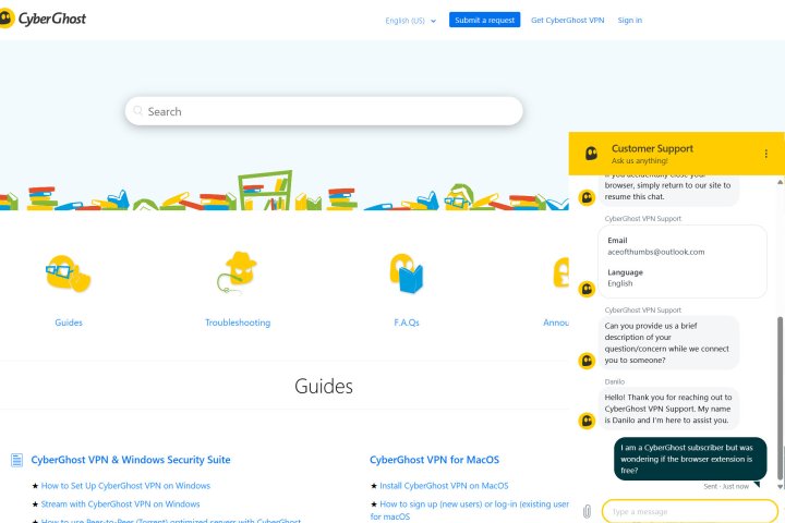 CyberGhost customer support was super fast and helpful.