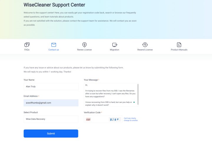 alt: Wise Data Recovery Pro offers priority email support.