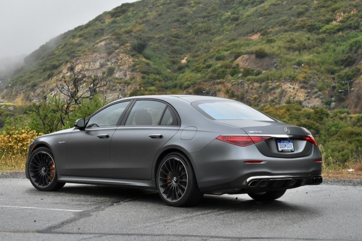 Rear three quarter view of the 2024 Mercedes-AMG S63 E Performance.