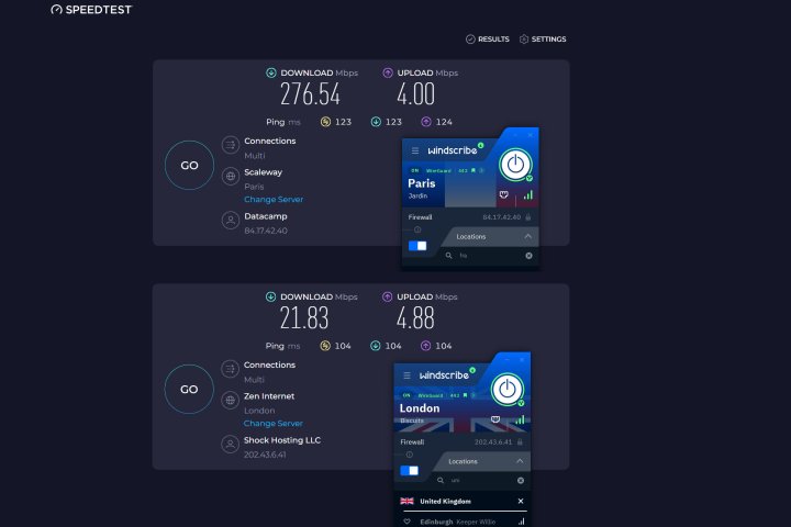 Windscribe had good speed for France, but the U.K. servers were slow.