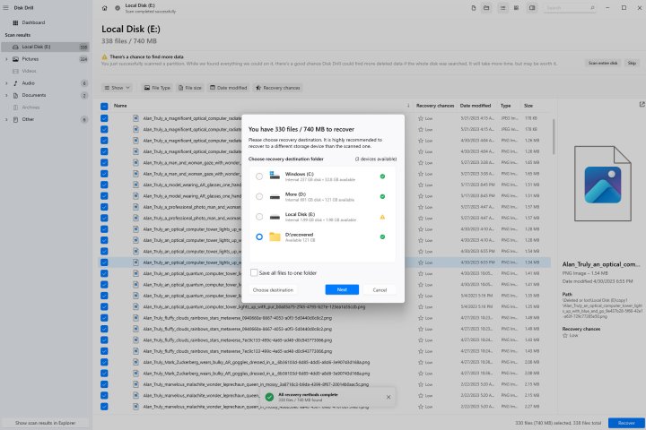 Selecting a different drive for saving recovered SSD files.