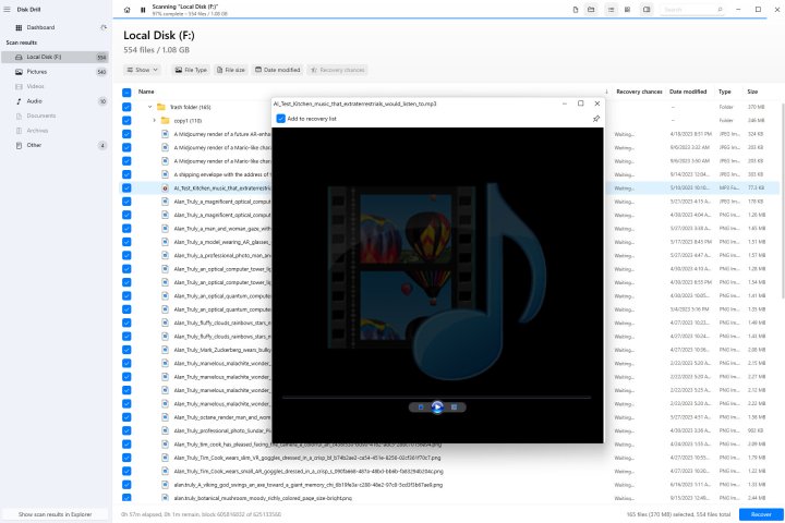 Audio preview functionality during an HDD scan.