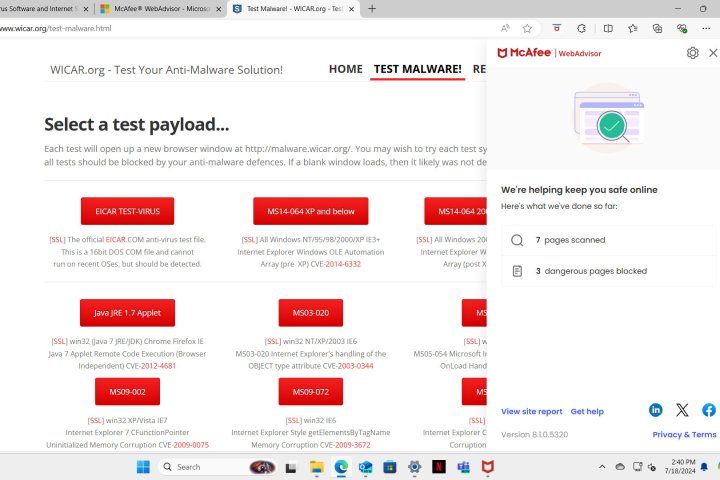 McAfee blocking malware on Wicar.org.