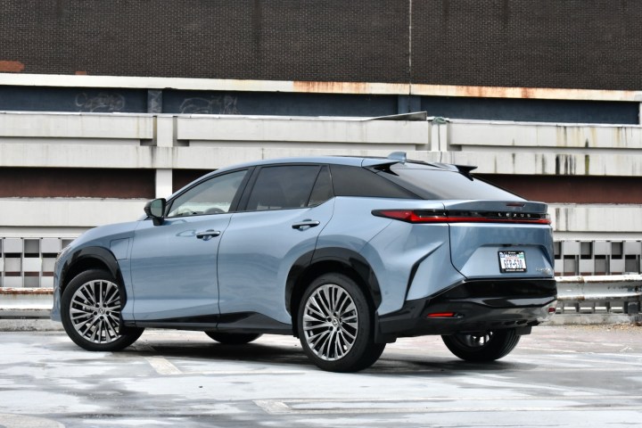 Rear three quarter view of the 2023 Lexus RZ 450e.