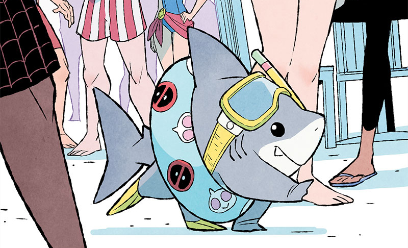 alt text: Jeff the land shark with Gwenpool in a comic book panel