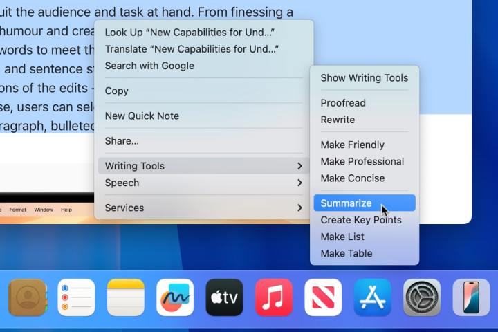 Apple Intelligence Writing Tools Summarizing Text