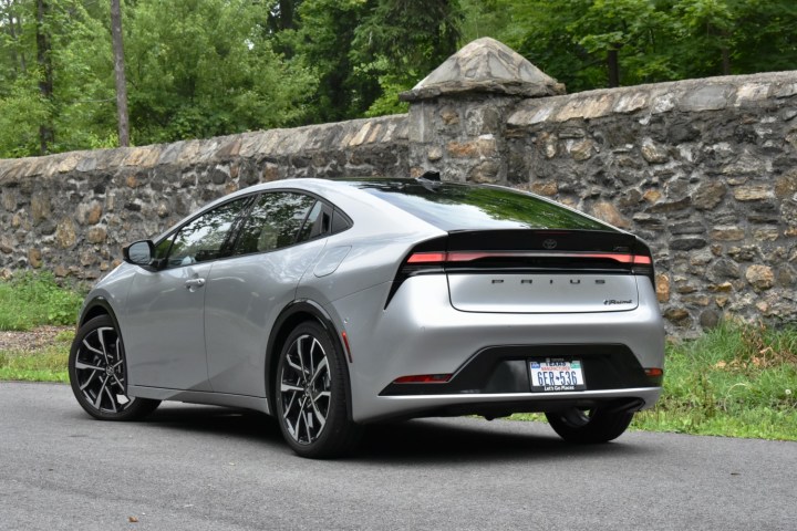 Rear three quarter view of the 2023 Toyota Prius Prime.