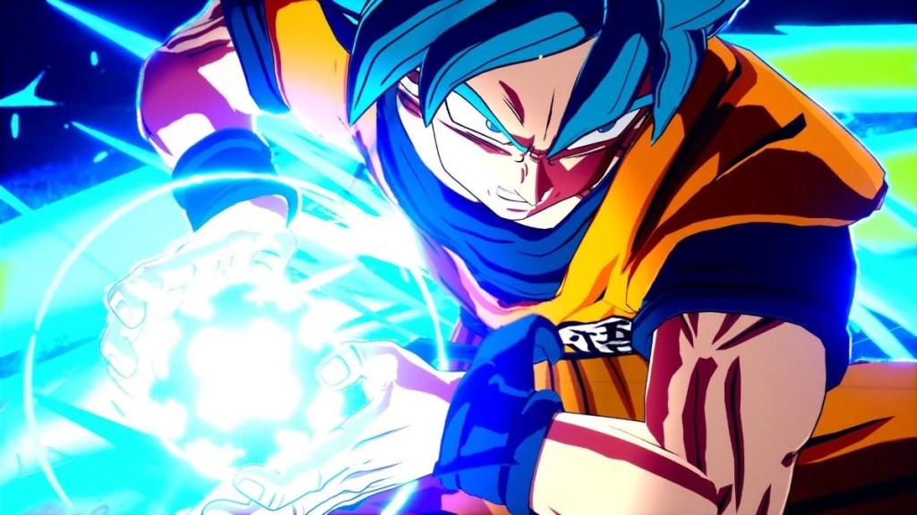 alt: Super Saiyan Blue Goku prepares for battle in Dragon Ball: Sparking! Zero