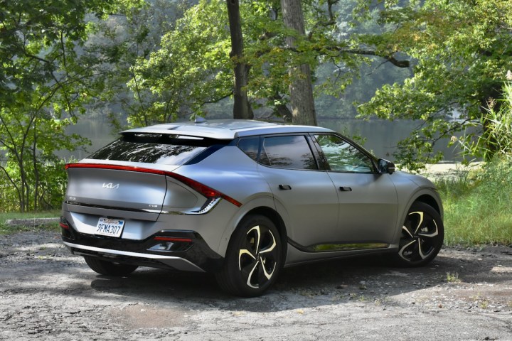 Rear three quarter view of the 2023 Kia EV6 GT-Line.