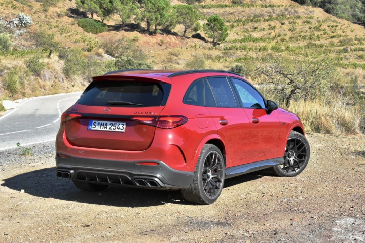 Rear three quarter view of the 2025 Mercedes-AMG GLC63 S E Performance.