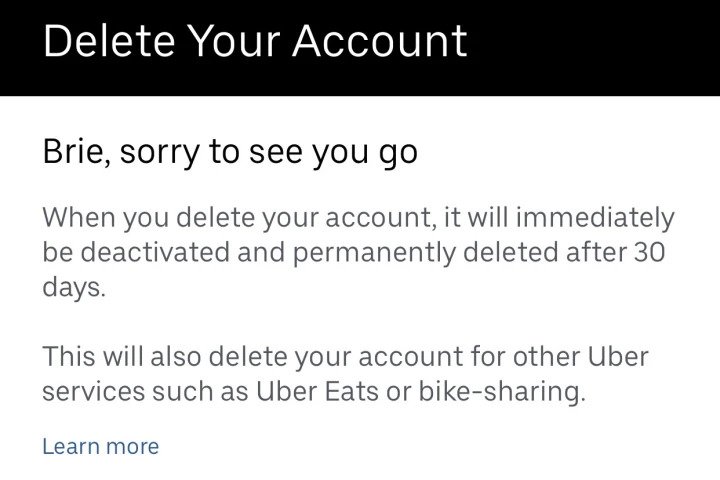 Uber app delete account notice.