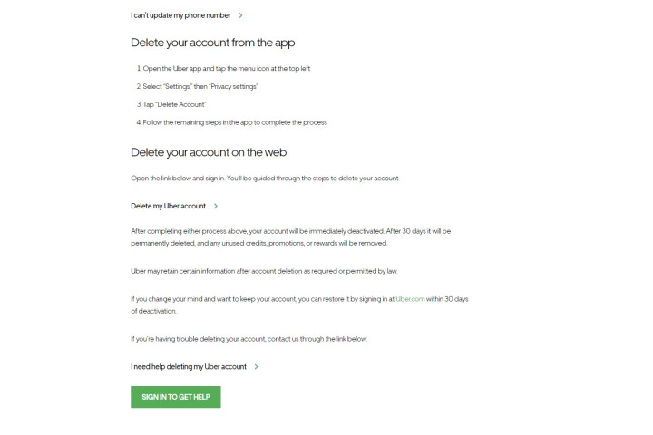 Uber desktop delete Uber account page.