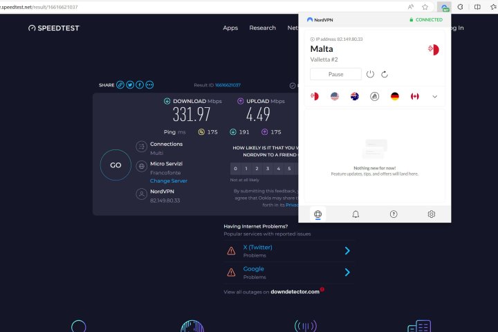 alt text: Graph showing download speeds achieved with NordVPN connected to different server locations.