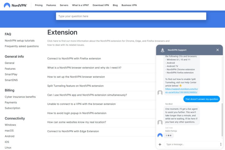 alt text: Screenshot of a live chat conversation with NordVPN customer support.