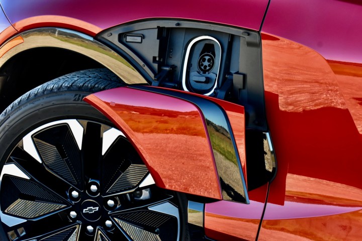 alt: Close-up of the charge port on the 2024 Chevrolet Blazer EV RS.