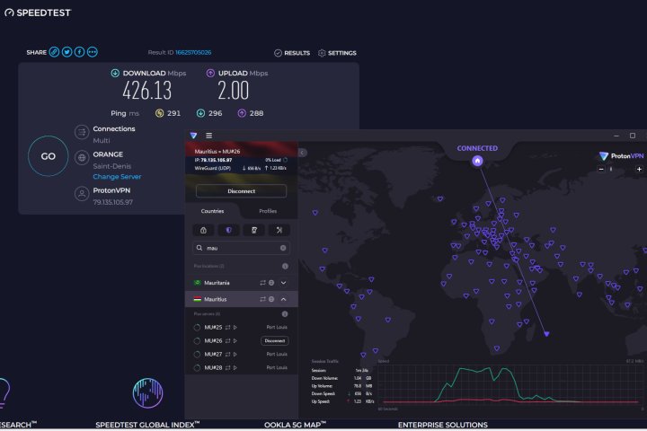 alt text: Proton VPN maintains impressive download speeds even when connected to distant servers.