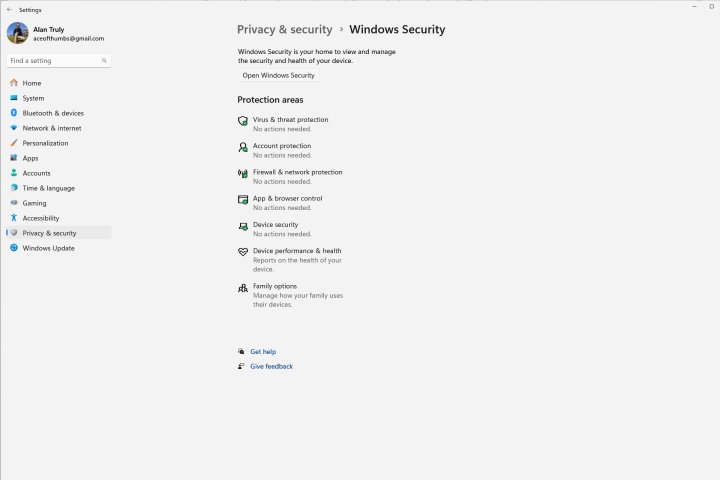 I can open Microsoft Defender from Windows Settings.