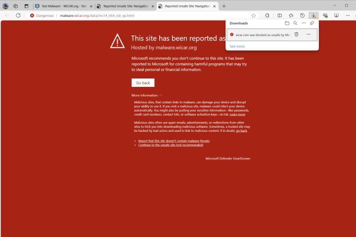 With Microsoft Defender, Edge blocked a malware download and an a browser exploit.