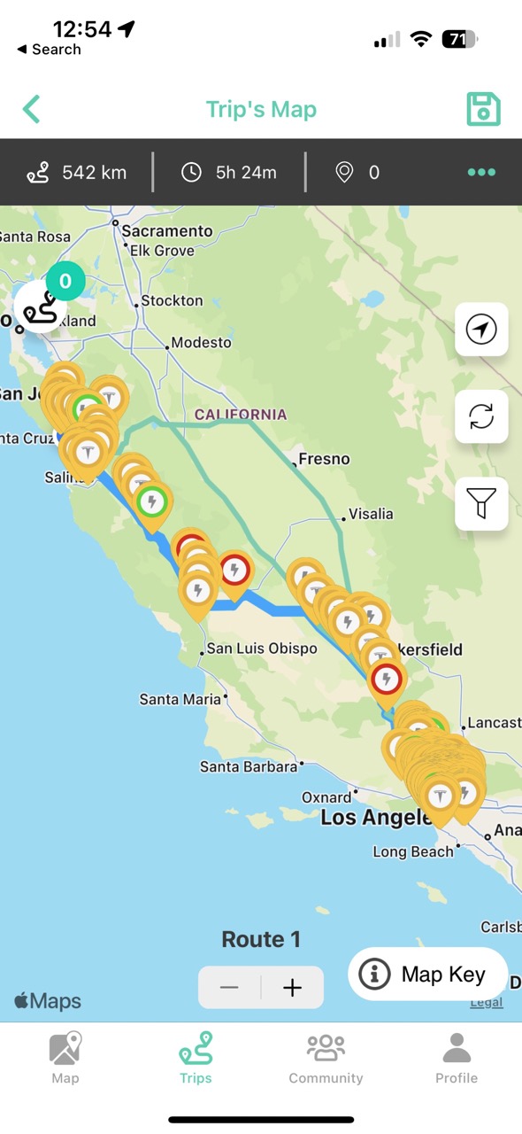 alt: ChargeHub allows users to plan routes with charging stops along the way.