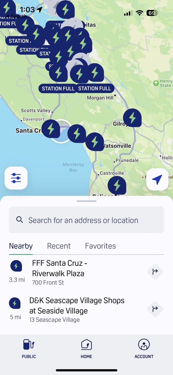 alt: The Electrify America app shows nearby charging stations and their availability.