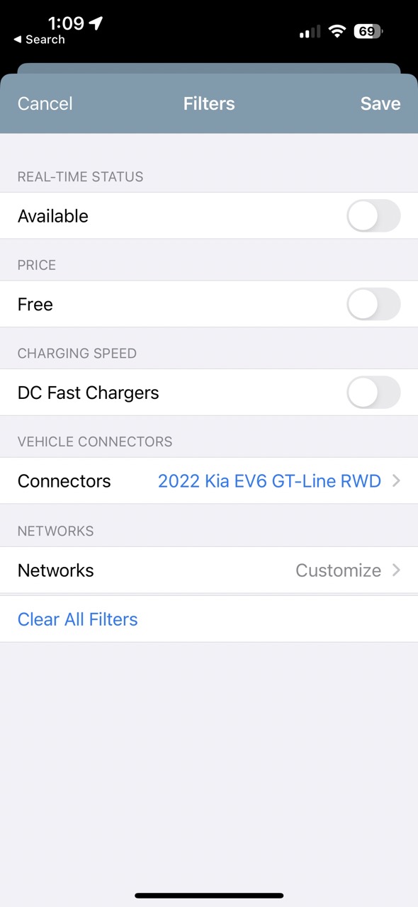 alt: Filtering options within the ChargePoint app to refine station searches.