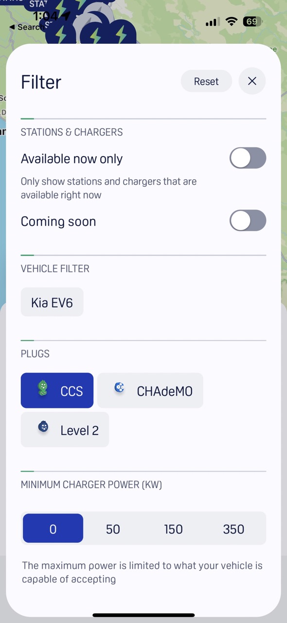 alt: Electrify America app filtering options for connector type and charging speed.