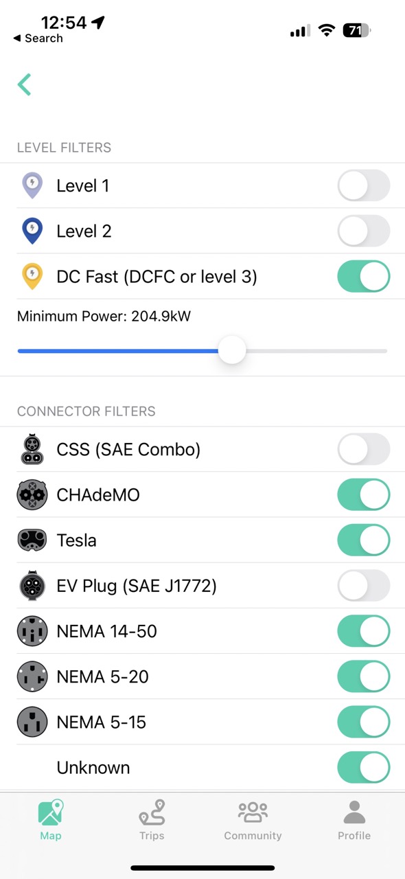 alt:  ChargeHub offers filtering options based on connector type, charging speed, and network.