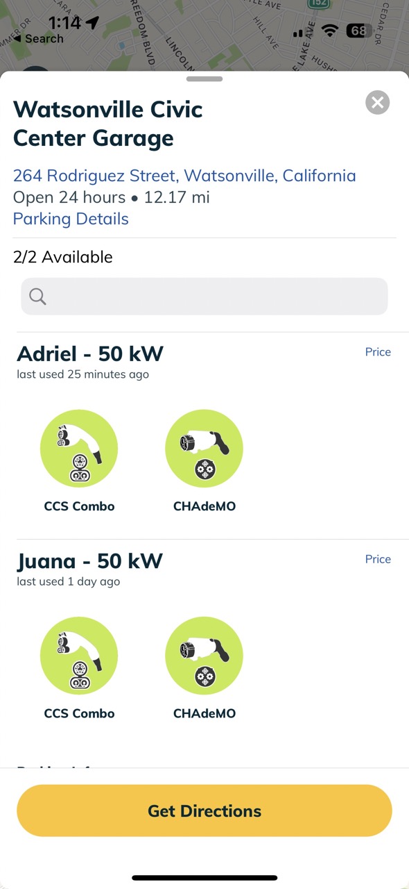 alt:  Detailed information about an EVgo charging station, including connector types and availability.