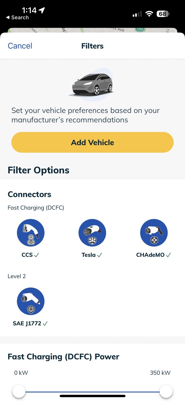 alt:  EVgo app filtering options for connector type and charging speed.