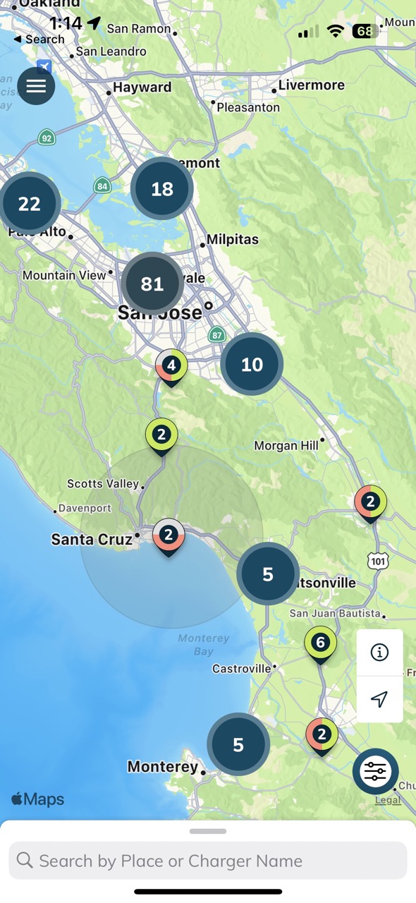 alt: The EVgo app displays a map of nearby charging stations.