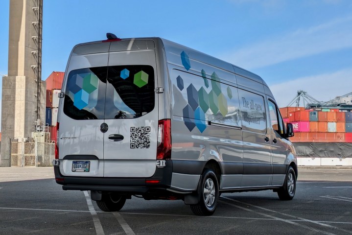 Rear three quarter view of a 2024 Mercedes-Benz eSprinter electric van.