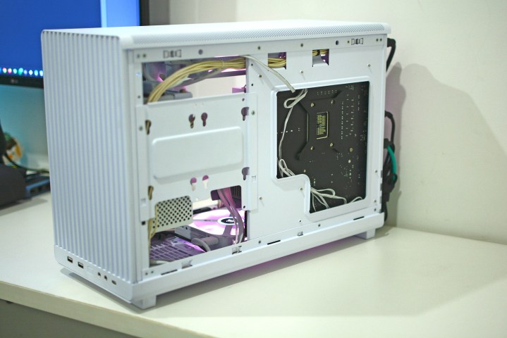 The Lian Li A3-mATX case with the side panel removed.