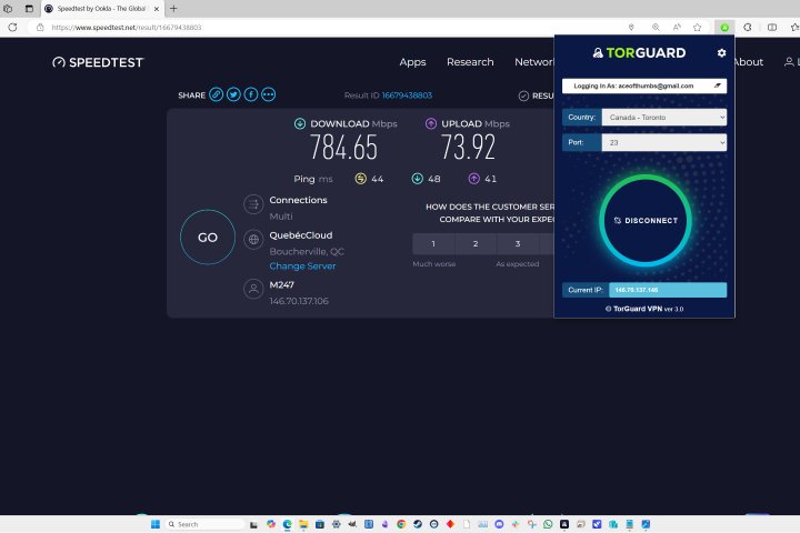 TorGuard's speed test results on a nearby server.