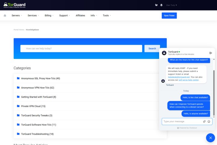 TorGuard's customer support interface.