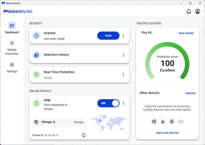 Alt: Malwarebytes Anti-Malware Free dashboard displaying system scan results and security status.