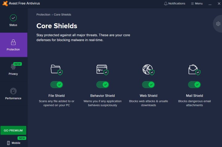 Alt: Avast One Essential interface highlighting core shield protection features and system status.