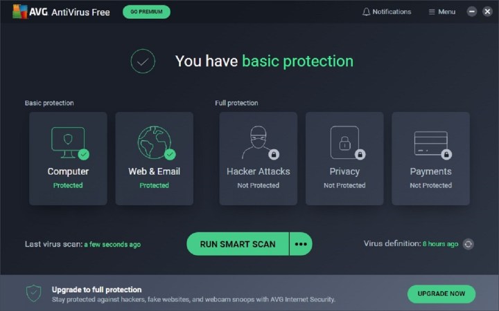 Alt: AVG AntiVirus Free dashboard illustrating current protection status and available features.