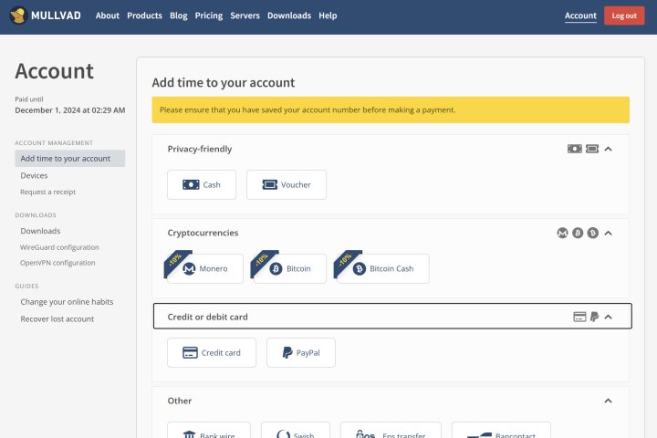 alt text: Mullvad VPN offers a variety of payment methods, including credit cards, cryptocurrency, and even cash.