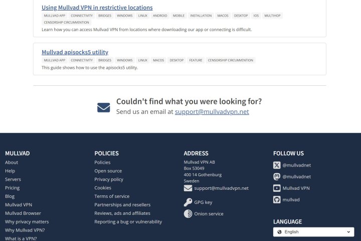alt text: Mullvad VPN offers email support and a comprehensive help center.