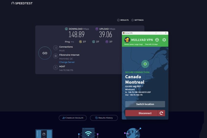 alt text: Speed test results comparing different Mullvad VPN servers.