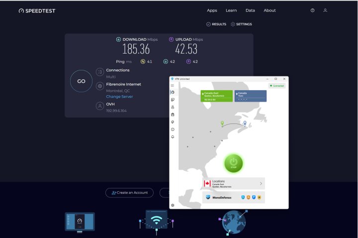 VPN Unlimited correctly selected IKEv2, which was faster than WireGuard for this Canadian server.