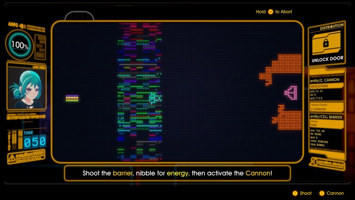 Emi hacking terminal with neon colored barricade and shooter in Yars Rising