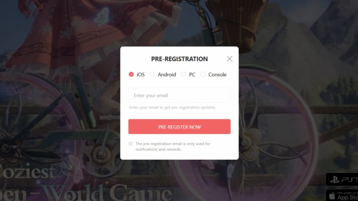 alt: Screenshot of the Infinity Nikki pre-registration pop-up window, showing platform selection and email input field.