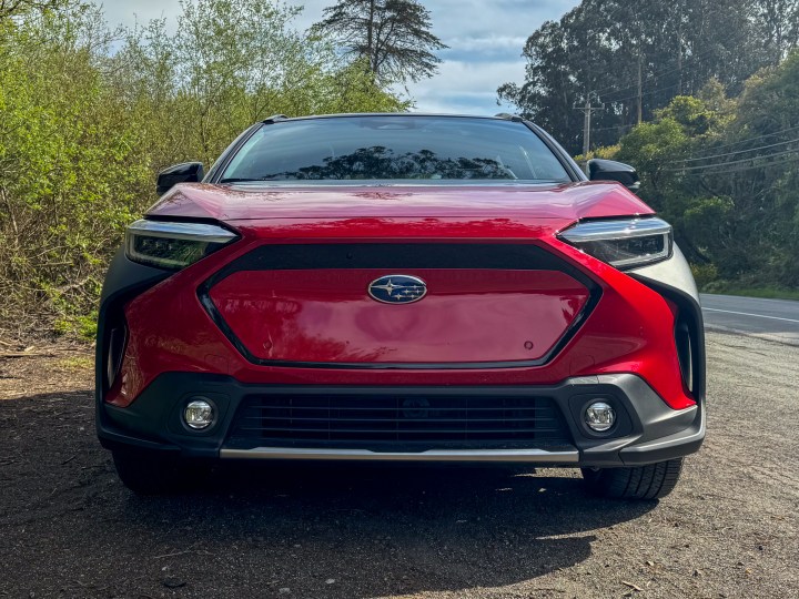 alt=Front view of the red 2024 Subaru Solterra